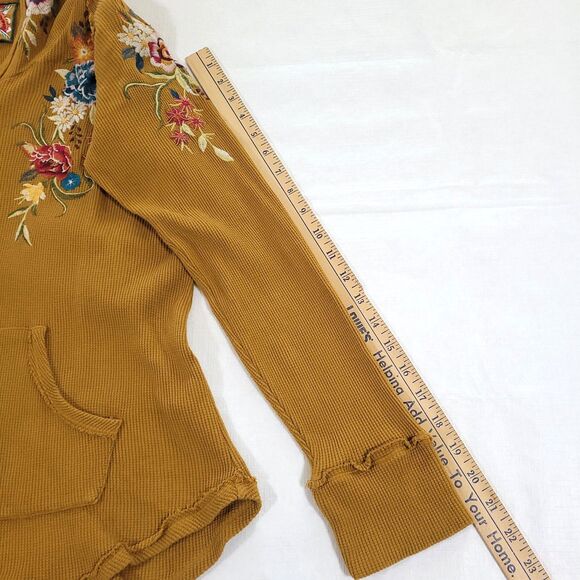 Isla Thermal floral Embroidered Hoodie Johnny Was M Mustard Yellow Cotton Boho - Picture 10 of 13